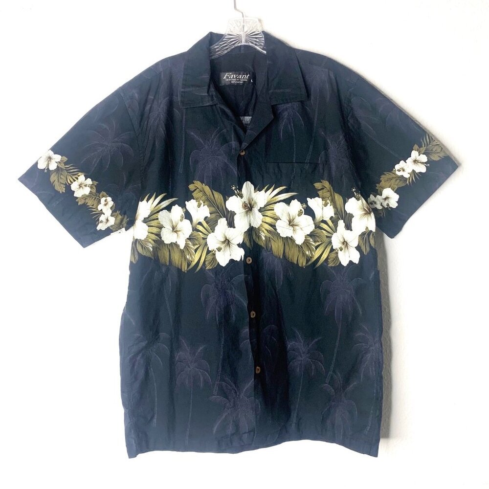 Favant Men's L Aloha Shirt Hawaiian Floral Palm Trees 100% Cotton Black/White